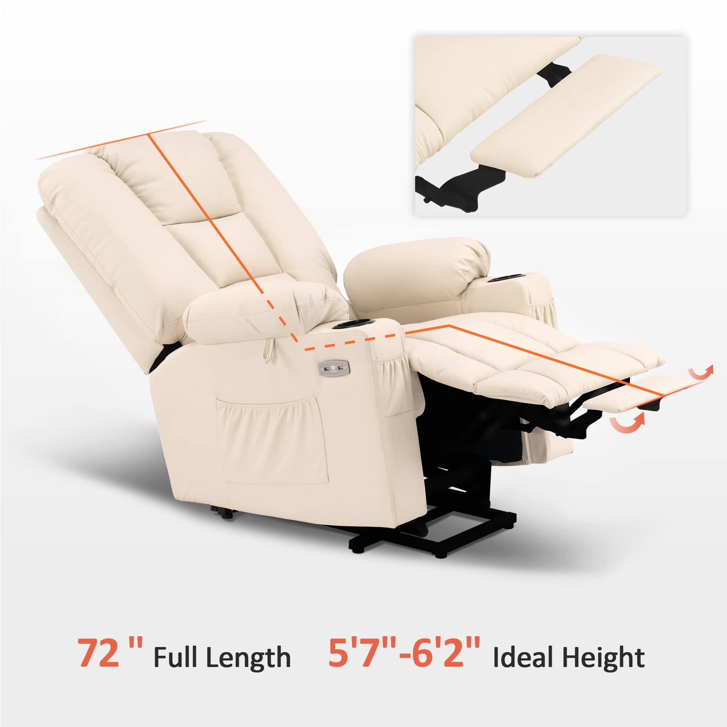 MCombo Large Power Lift Recliner Chair Sofa with Massage and Heat for Big and Tall Elderly People, 3 Positions, Cup Holders, and USB Ports, Faux Leather 7539 (Large, Cream White)
