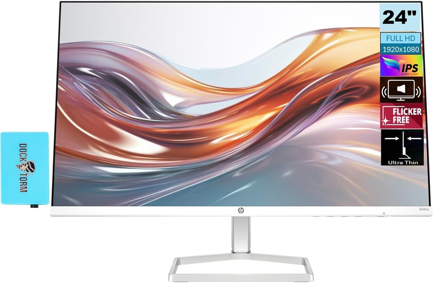 HP Series 5 524sa Thin & Light Monitor with Speakers 94C36AA#ABA (Replaces M24fwa) 24" IPS FHD Anti-Glare 300 Nits Display, Flicker-Free, 1xHDMI, White/Silver (2025 Model) w/DKZ Hub USB Port Expander