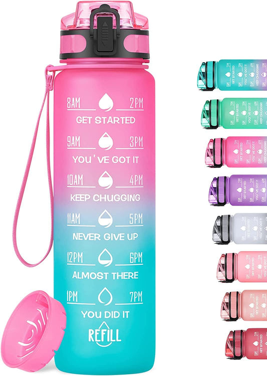 MEITAGIE 32oz Motivational Water Bottle with Time Marker & Fruit Strainer, Leak-proof BPA Free Non-Toxic 1l Bottle with Carrying Strap, Perfect for Fitness, Gym and Outdoor Sports (Ombre: Sorbet)