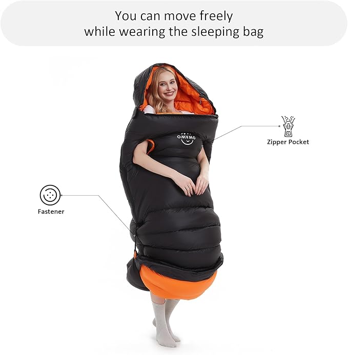 0-20 Degrees F Down Sleeping Bag for Adults - 4 Season Envelope With Arm Holes, Wearable for Backpacking Camping - Ultralight, Compact, Move Freely While Wearing