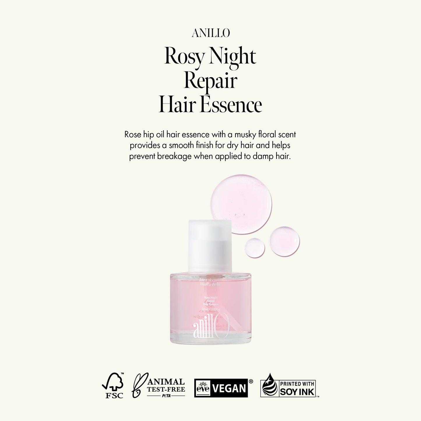 ANILLO Rosy Night Repair Hair Essence with Damask Rose Extract, Rosehip Oil, Peptide Complex for Dry, Damaged, Frizzy Hair - Musky Floral Scent, Vegan, Paraben-Free 50ml / 1.69 fl. Oz