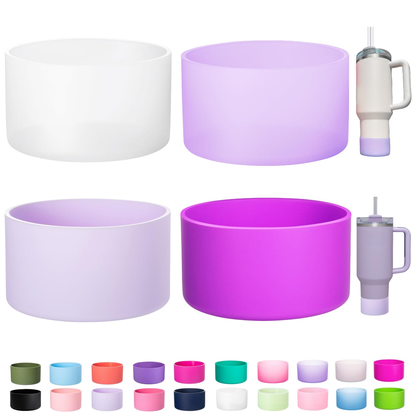 LONPARRY 4-Pack Silicone Boot for Stanley Cup Quencher IceFlow Rubber Bottom Sleeve Protector for Stanley Tumbler HydroFlask Owala Car Travel Cup Bottle Bottom (Clear+Fog+Purple+Clear Purple)