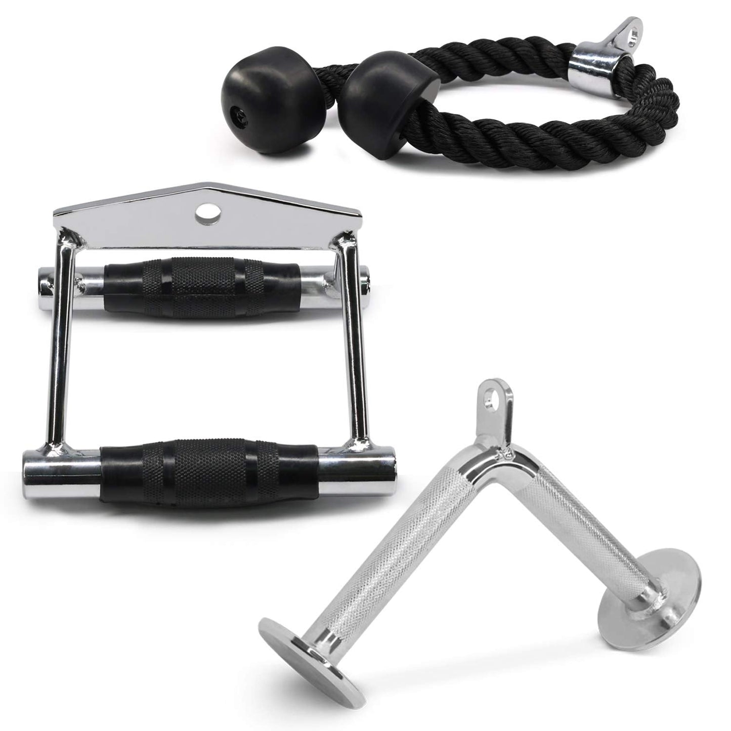 Yes4All Double D Row Handle Cable Attachment – Non Slip Handle & 360° Steel Swivel (Optional) (I - Double D Handle+TricepRope+Vshapped bar)