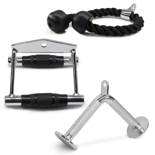Yes4All Double D Row Handle Cable Attachment – Non Slip Handle & 360° Steel Swivel (Optional) (I - Double D Handle+TricepRope+Vshapped bar)