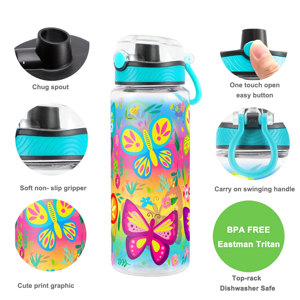 Cute Water Bottle for School Kids Girls, BPA FREE Tritan & Leak Proof & Easy Clean & Carry Handle, 23oz/ 680ml - Butterfly