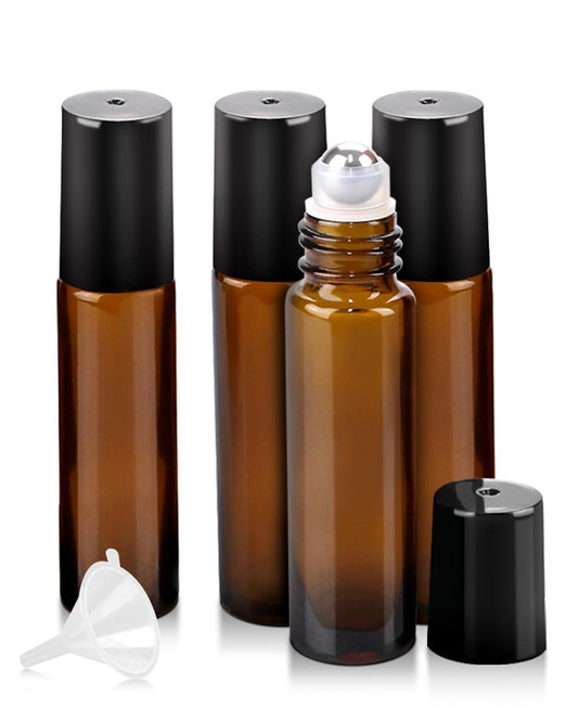 Worldgsb 4 Pack Essential Oil Roller Bottles, 10ml Refillable Amber Glass Roller Bottles with Stainless Steel Roller Balls and Caps for Travel, Perfume and Lip Gloss