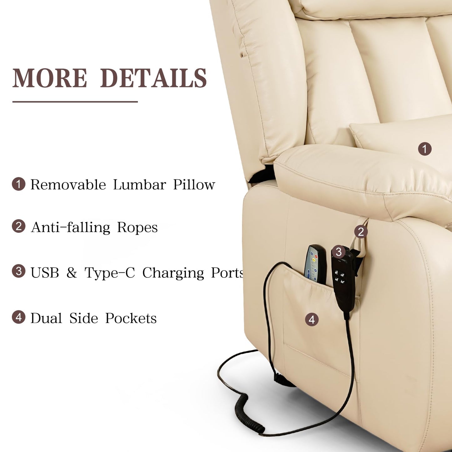 Infinite Position Lay Flat Lift Recliner Chair for Adults, Dual Motor Power Lift Chair for Elderly with Massage & Heating, Extended Footrest, USB Ports, Remote Control & Lumbar Pillow, Leather (Cream)
