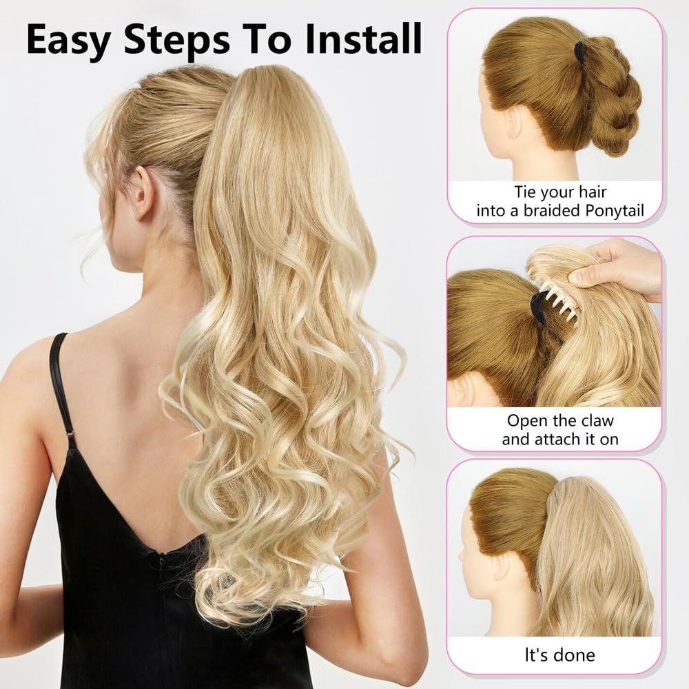 ALXNAN Ponytail Extension,24 Inch Claw Ponytail Hair Extensions for Women，Claw Clip in Long Wavy Synthetic Dark Ash Blonde with Golden Ends Ponytail Extension for Daily Use.