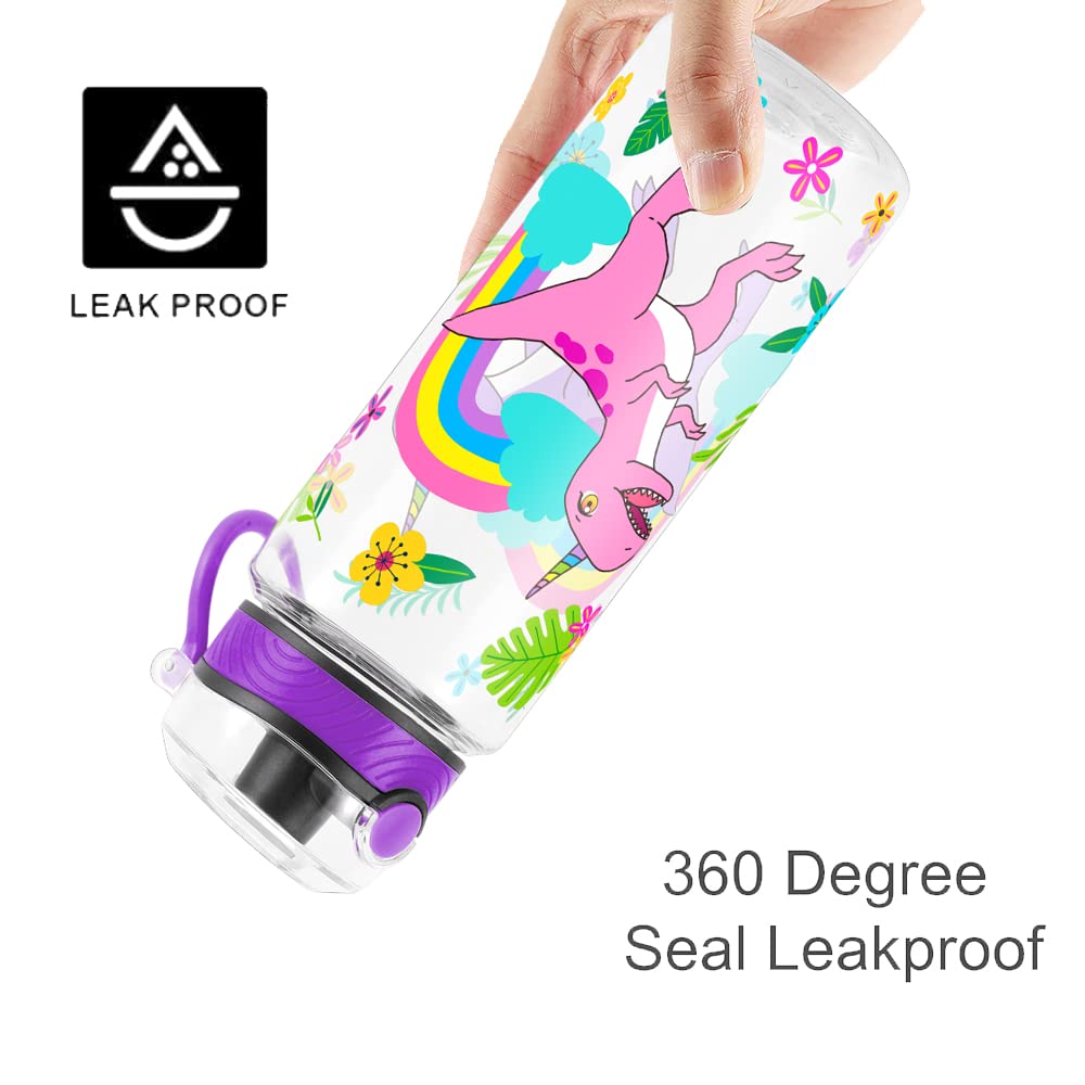 Cute Water Bottle for School Kids Girls, BPA FREE Tritan & Leak Proof & Easy Clean & Carry Handle, 23oz/ 680ml (Rainbow Dinosaur)