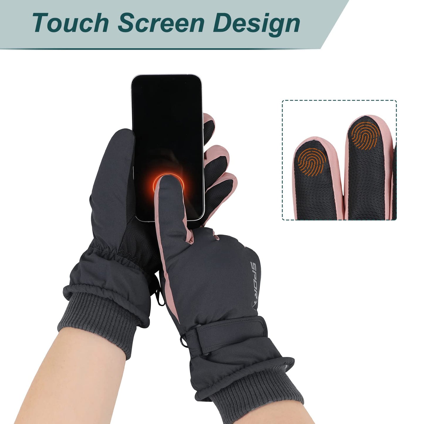 American Trends Ski Gloves for Women Warm Snow Gloves Waterproof Touchscreen Pockets Snowboard Winter Gloves for Outdoor Black One Size