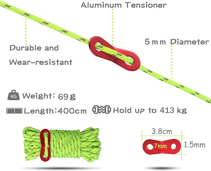 HIKEMAN Heavy Duty Camping Rope - 6 Pack 5mm Outdoor Reflective Guy Lines with Tensioner Adjuster Strong Nylon Cord for Large Tent Big Tarp Canopy Tie Downs (Fluorescent Green)