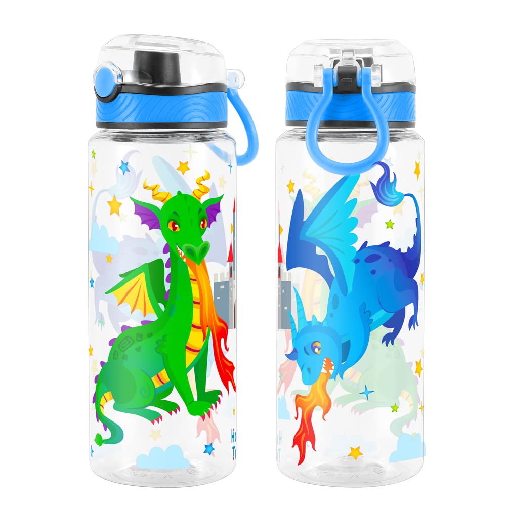 Cute Water Bottle for School Kids Girls, BPA FREE Tritan & Leak Proof & Easy Clean & Carry Handle, 23oz/ 680ml (Fire Dragon)