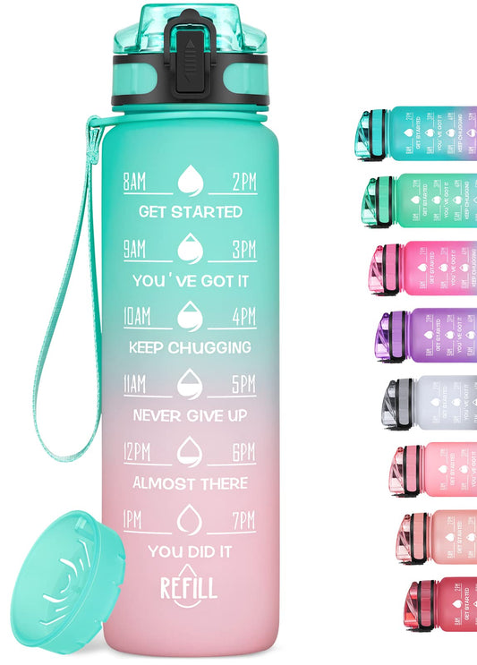 MEITAGIE Motivational Water Bottle 1000ml with Time Marker Leak Proof BPA Free with Fruit Filter, Perfect for Fitness, Gym and Outdoor Sports