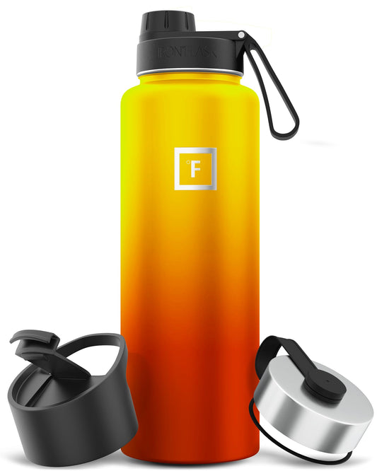 IRON °FLASK Camping & Hiking Hydration Flask, Wide Mouth, 3 Spout Lids, Stainless Steel Outdoor Water Bottle, Double Walled, Insulated Thermos, Metal Canteen - Fire, 40 Oz