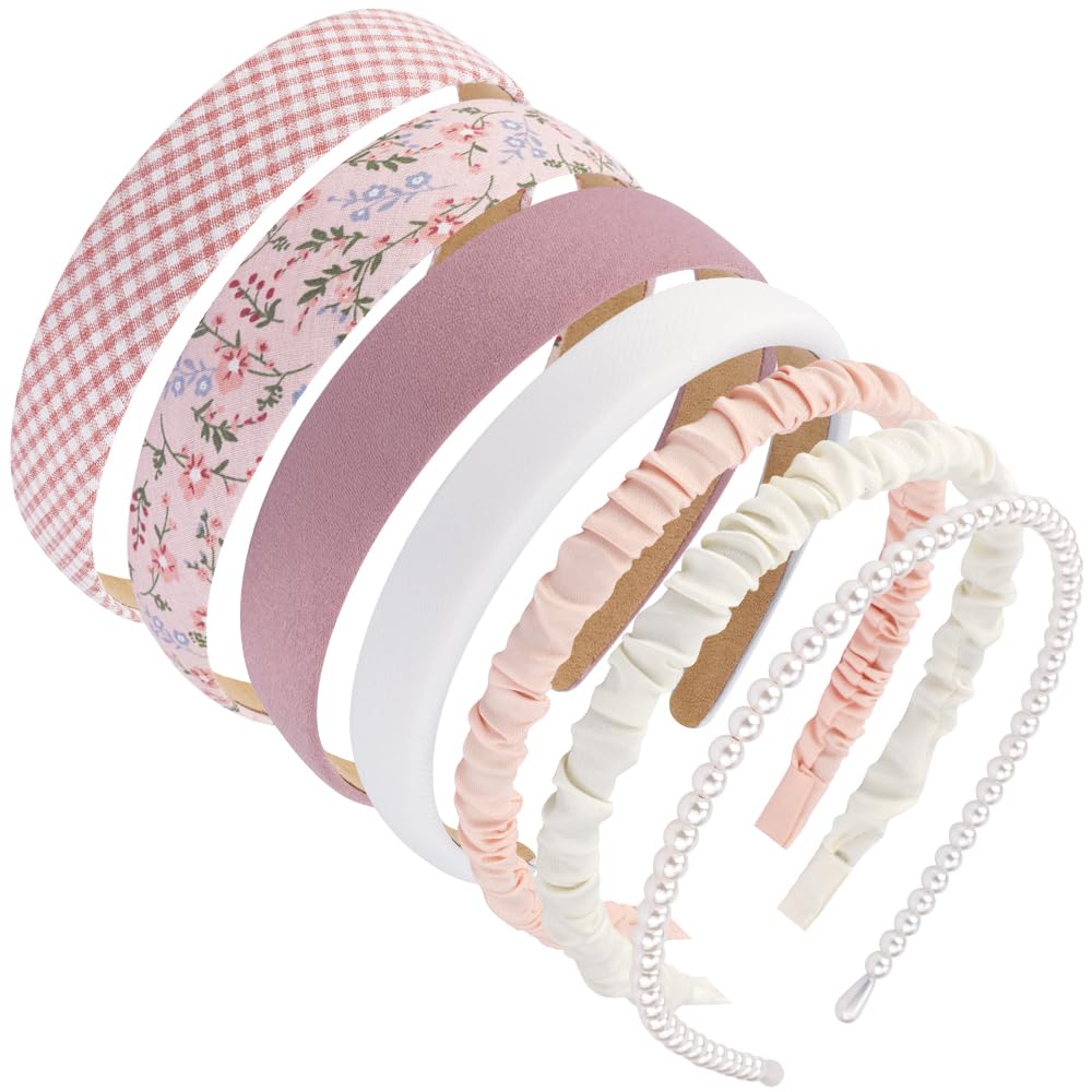 AHONEY 7 Pack Pink Headbands for Girls Women Headbands Trendy Non Slip Hairbands Cute Croquett Hair Accessories Kawaii Multi-style Headband Pack (Pink)