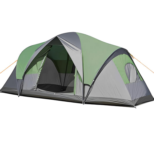 10 Person Camping Tent – Waterproof 2 Room Family Tent with Divider, Mesh Windows, Double Layer Cabin Tent for Outdoor Events, Festival, Movie Nights (Green and Grey)