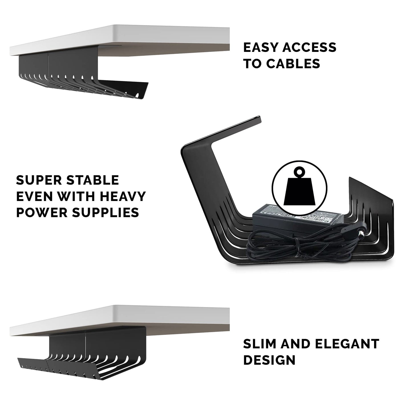 PAMO Cable Management Under Desk for Easy mounting Under-Table I Set of 3 - with 10X Cable Ties I Desk Organizer for Office/Home Office Table Thoughtful Cable Tray Holder