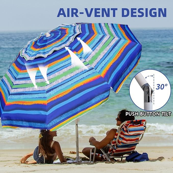 AMMSUN 8 Feet Large Beach Umbrella with Sand Anchor Heavy Duty High Wind Portable Outdoor Umbrellas UV 50+ Protection Air Vent Tilt Patio Garden Pool
