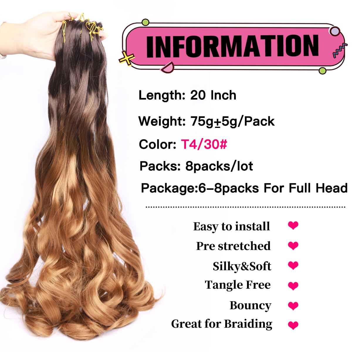 Amir Hair 8 packs French Curly Braiding Hair 20 Inch Loose Wave Braiding Hair Pre Stretched Synthetic Hair Extensions (T4/30)