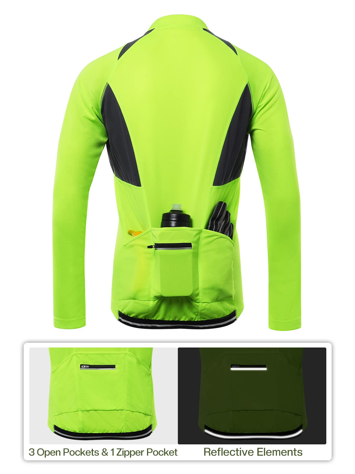 ARSUXEO Men's Half Zipper Cycling Jerseys Long Sleeves MTB Bike Shirts 6031 Green Size Medium