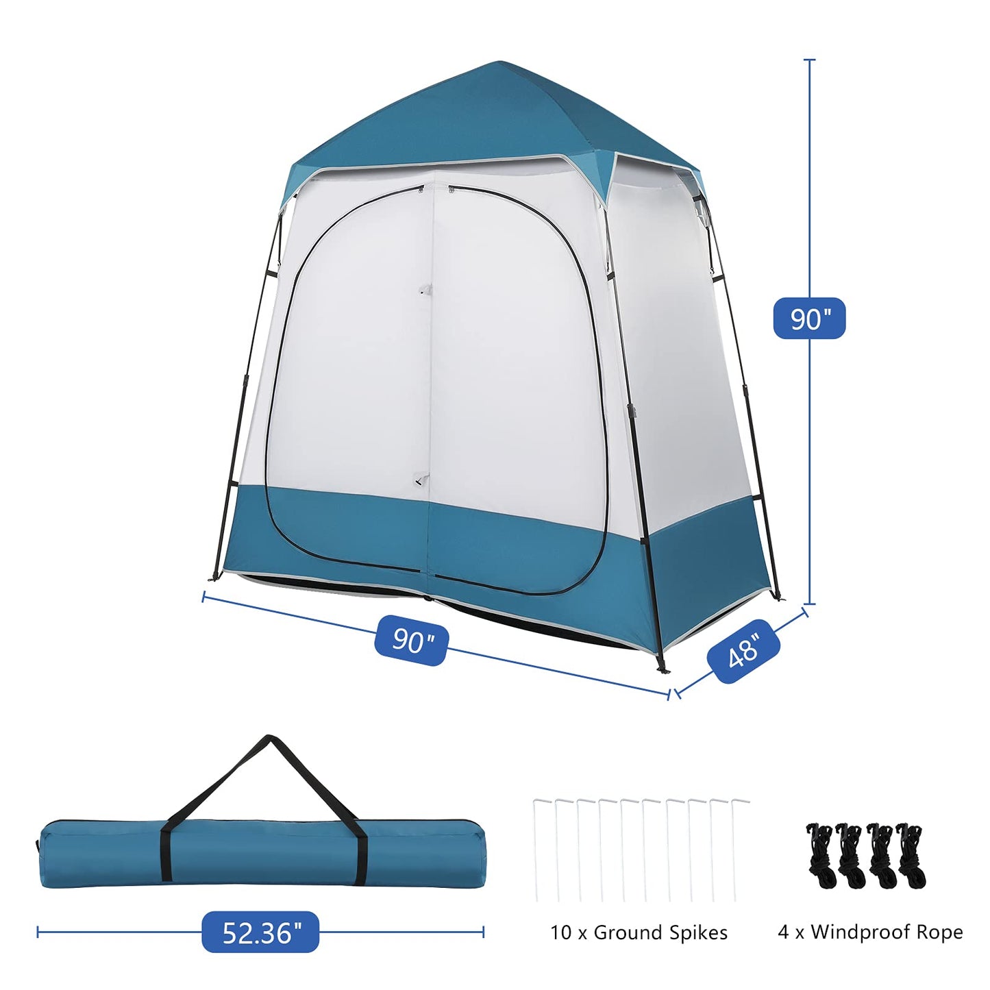 Shyneer Double Dressing Tent, 2 Room Shower Shelter, 7.5 FT Instant Pop Up With Carrying Bag, Privacy Changing Room for Portable Toilet, Easy Setup, Camping, Blue/White