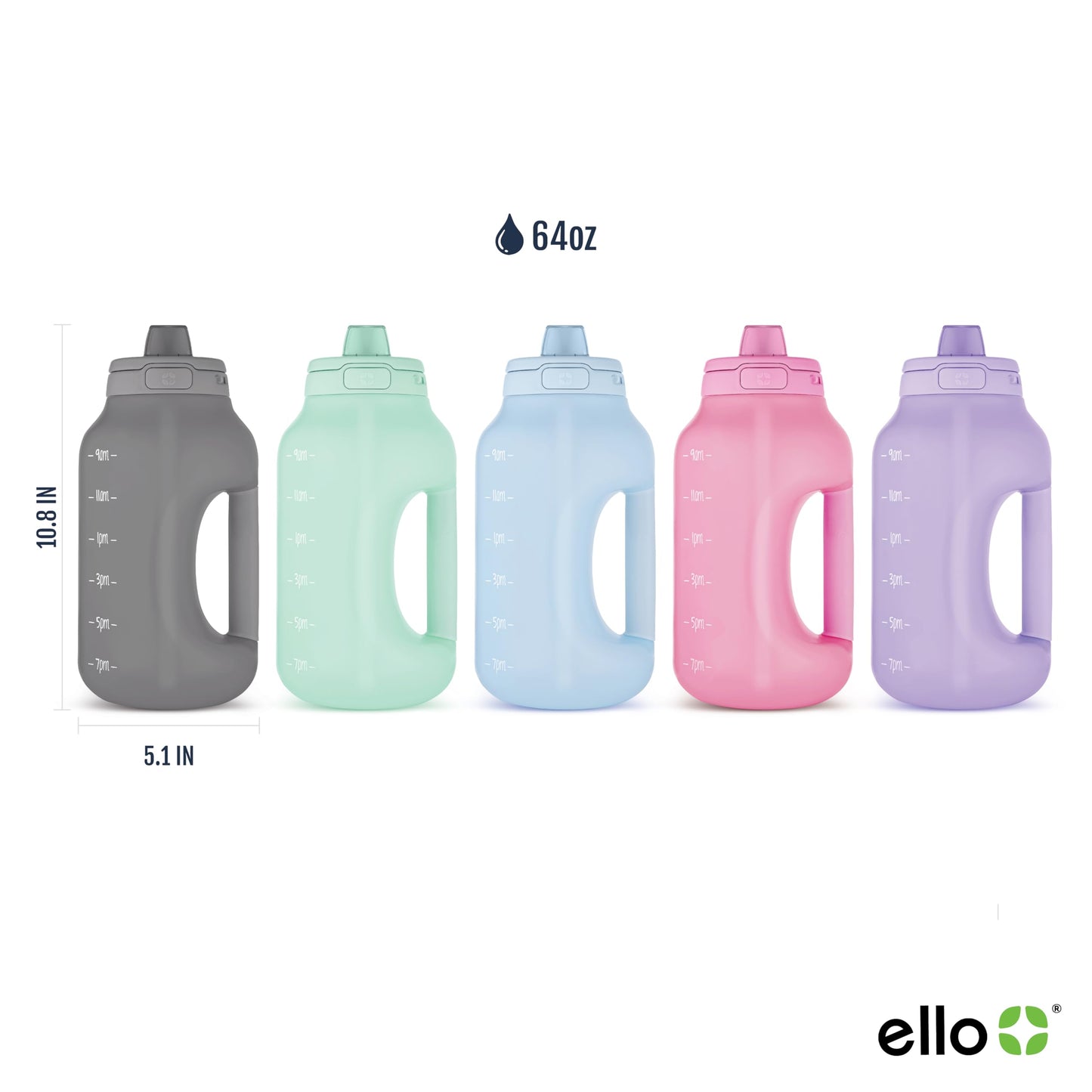 Ello Hydra 64oz Half Gallon Water Jug with Handle and Motivational Time Markers for All Day Hydration, Plastic Reusable Water Bottle with Straw and Locking, Leak Proof Lid, BPA Free, Grey