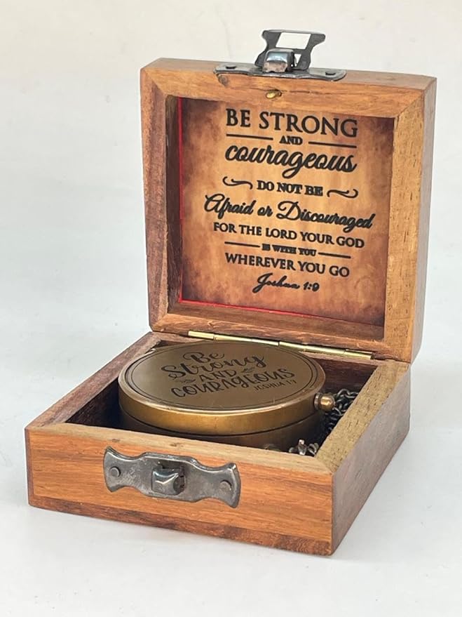 Antique Brass Compass Gift, Pocket Sundial Compass with Engraved Quote Be Strong and Courageous Perfect Compass Gifts for Men, Vintage Nautical Compass