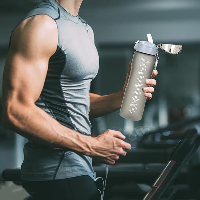 XACIOA Water Bottle with Straw,32oz Plastic Cup with Motivational Time Marker,1L Tritan Sport Lightweight Leakproof BPA-Free,Wide Mouth Fast Flow Ensure You Have Times to Drink,with Straw & Cup Brush