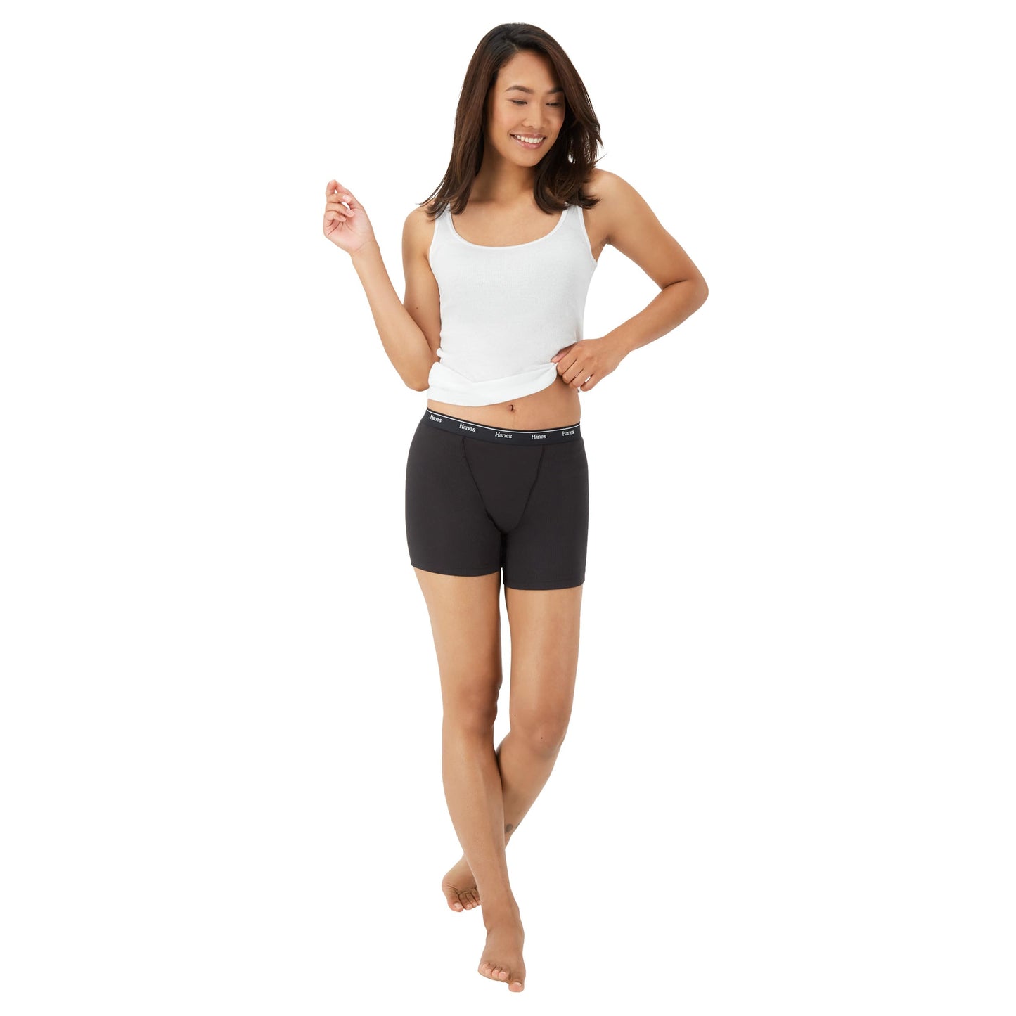 Hanes Women's Mid-Thigh Boxer Brief Pack, Stretch Cotton Underwear, 4-Pack, Basic Color Mix, Small