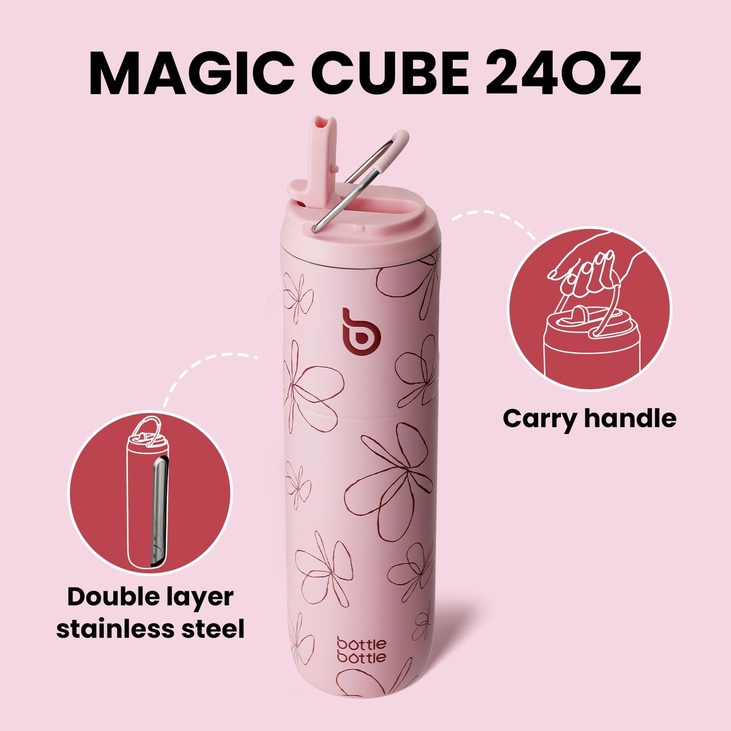 BOTTLE BOTTLE Insulated Water Bottle 24oz with Straw Lid and Handle for Sports Travel Gym Stainless Steel Water Bottles Double-Wall Vacuum Metal Thermos Bottles Leak Proof BPA-Free (Flower Frenzy)