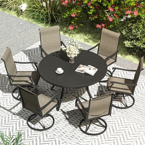 VICLLAX 47.2" Outdoor Round Patio Table for Lawn Garden, All Weather Metal Round Patio Dining Table with Adjustable Umbrella Hole, 6 Person Patio Table, Black Tabletop