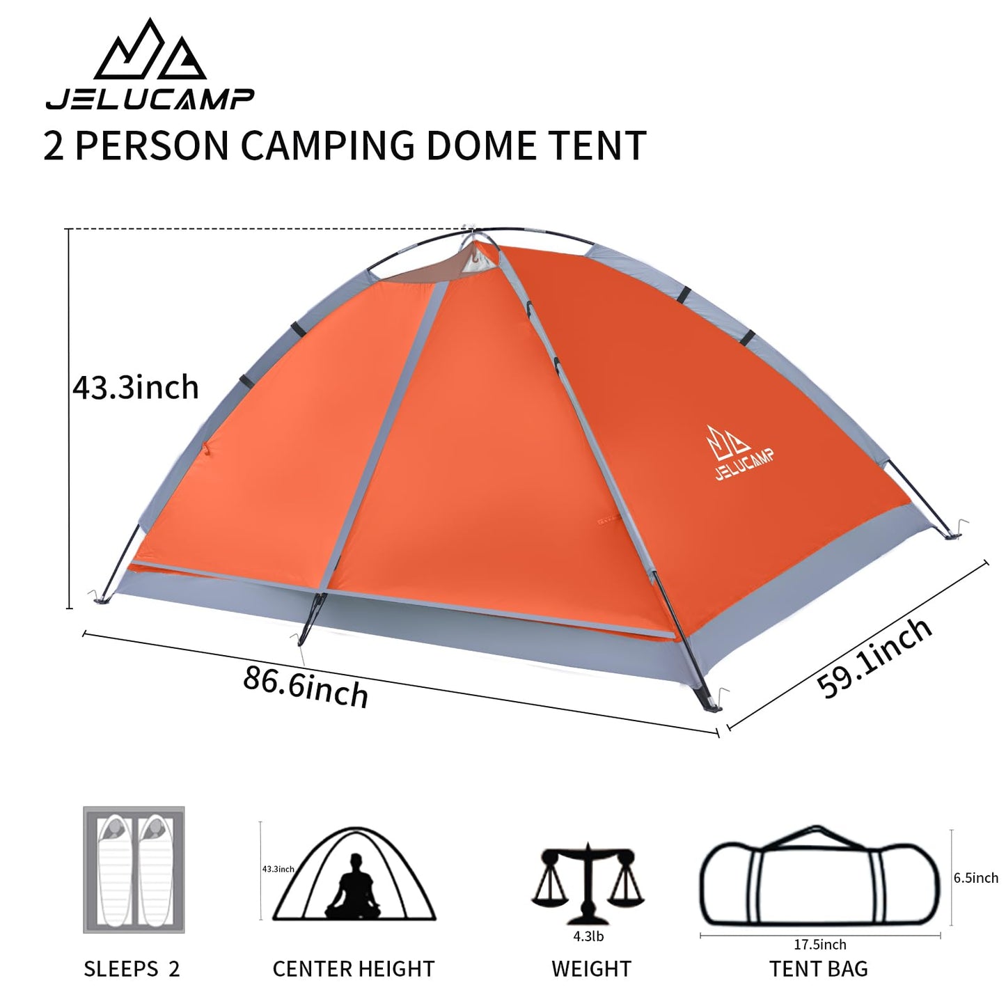 JELUCAMP 1/2 Person Dome Tents for Camping, Lightweight Portable Single Backpacking Tent, Small Easy Setup Outdoor Waterproof Camping Hiking Tent for Adults, 2 Person Tent, Orange