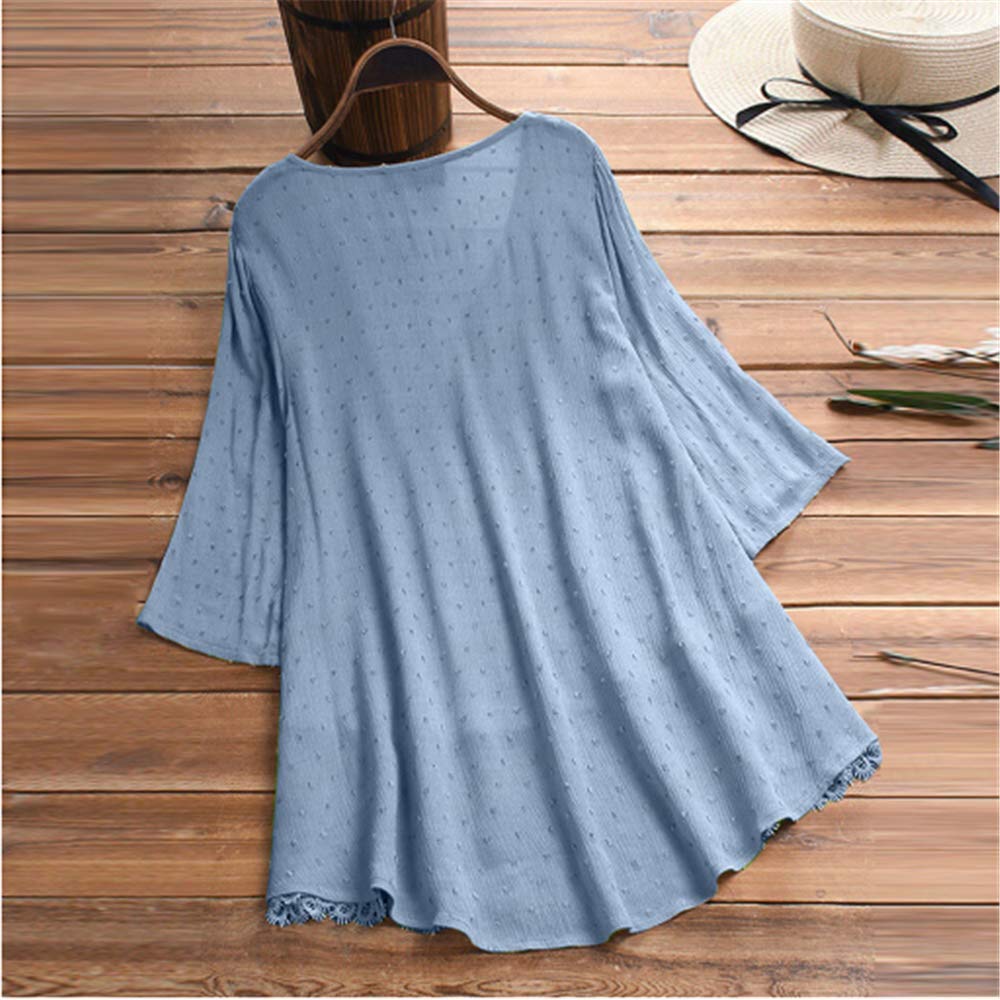 Aniywn Women Round Neck Lace Up Lace Patchwork Flare Pullover Top Casual Plus Size 3/4 Sleeve Floral Printed T-Shirt