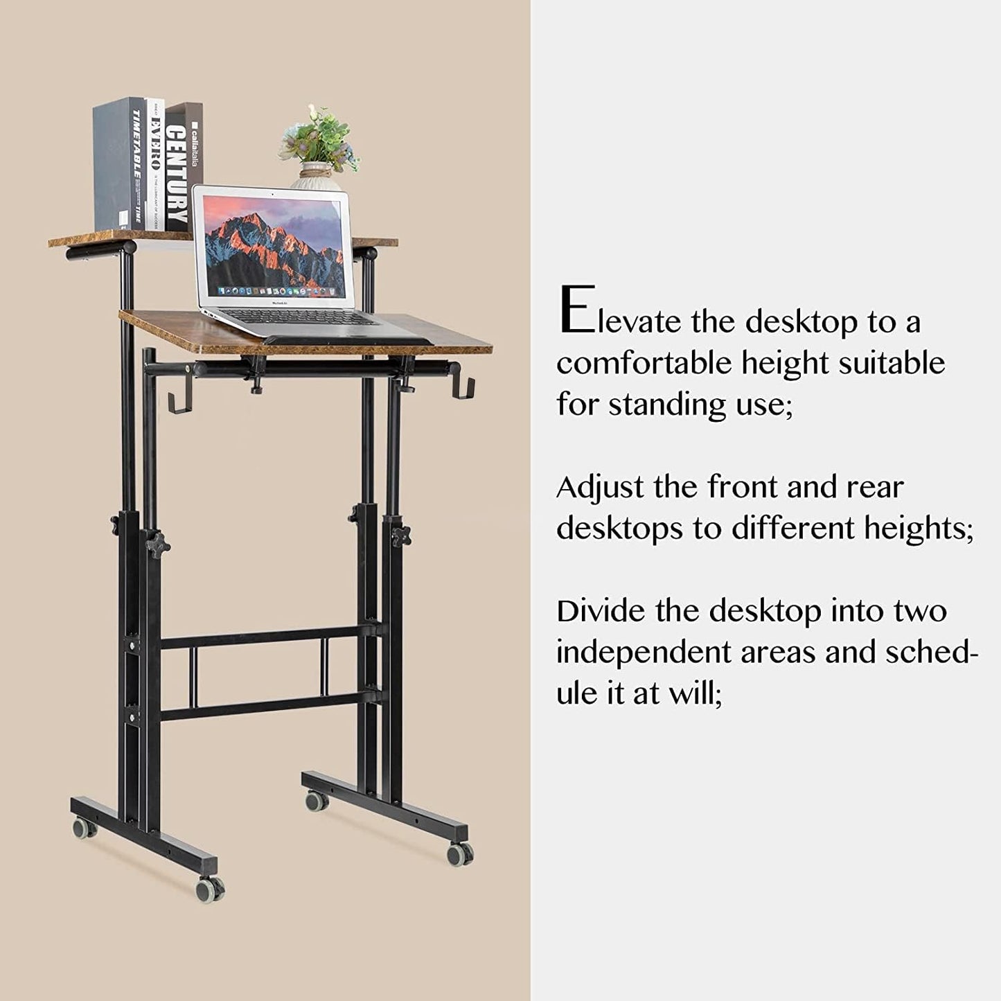 SIDUCAL Mobile Standing Desk, Portable Stand Up Desk, Small Adjustable Converter with Wheels Home Office Workstation, Rolling Laptop Cart for Sitting, Rustic Brown