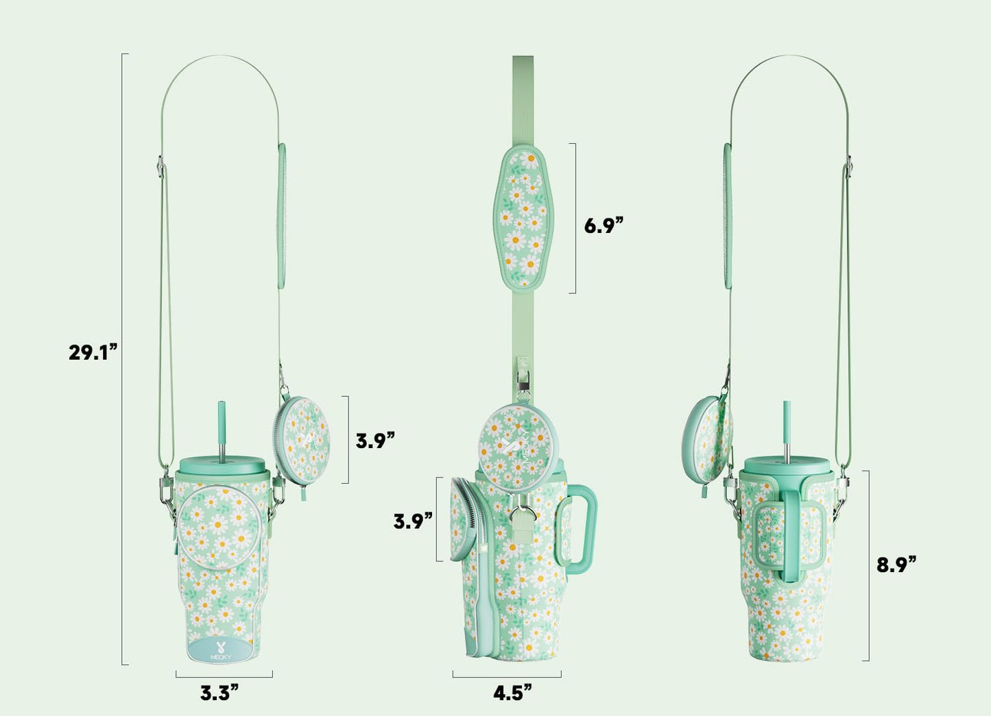 Meoky Water Bottle Carrier Bag with Phone Pocket for 40 oz Tumbler with Handle, Neoprene Water Bottle Holder Pouch with Adjustable Strap, 2 Carabiner Clips (Daisy)