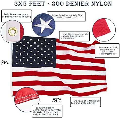 ANLEY EverStrong Series American Flag 3x5 Foot Heavy Duty Nylon - Embroidered Stars and Sewn Stripes - 4 Rows of Lock Stitching - US National Banner Flags with Brass Grommets 3 X 5 Ft
