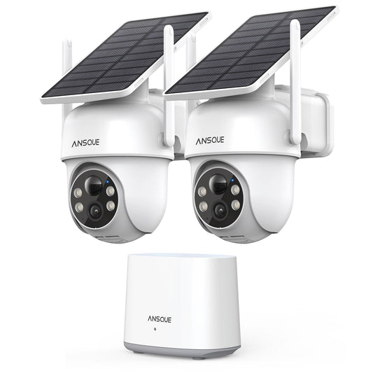 ANSQUE Security Cameras Wireless Outdoor Home System, 2 Camera Kit, No Subscription Fees, Solar Powered, Local Storage, 365-Day Battery Life, 360°PTZ Surveillance, Auto Tracking, 2K Color Night Vision