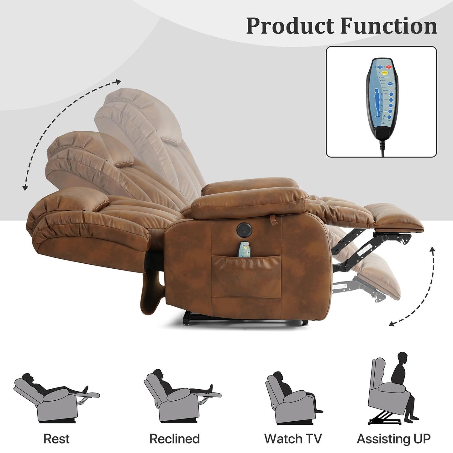 KIMOHOME Dual Motor Large Power Lift Recliner Chair Recliners for Elderly, Infinite Position Recliner Chair with Heat and Massage, Breathable Leather(Ochre)