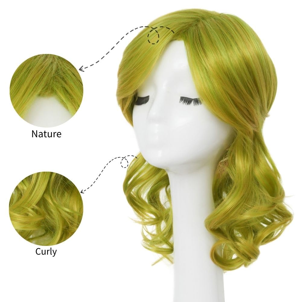 Amnenl Green Wigs for Women Side Part Shoulder Length Wig with Bangs Synthetaic Heat Resistant Cosplay Costume Hair Wig
