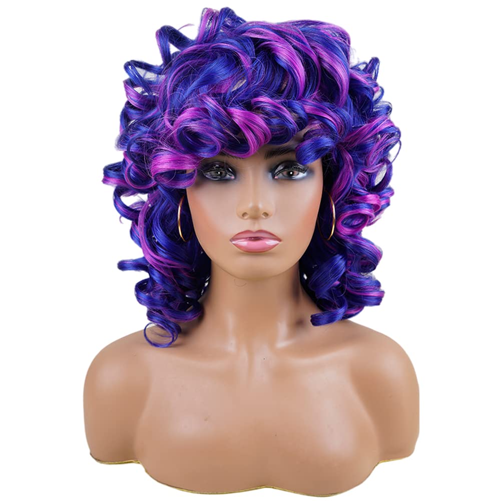 andromeda Short Curly Wigs for Black Women Soft Mixed Blue Purple Big Curly Wig with Bangs Cute Loose Curly Cosplay Party Daily Synthetic Wig for African American Women（Mixed Blue Purple）