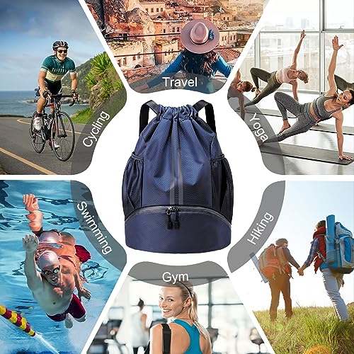 Hoedia Sports Drawstring Backpack - String Swim Gym Bag with Shoes Compartment and Wet Proof Pocket for Women/Men (Navy Blue)