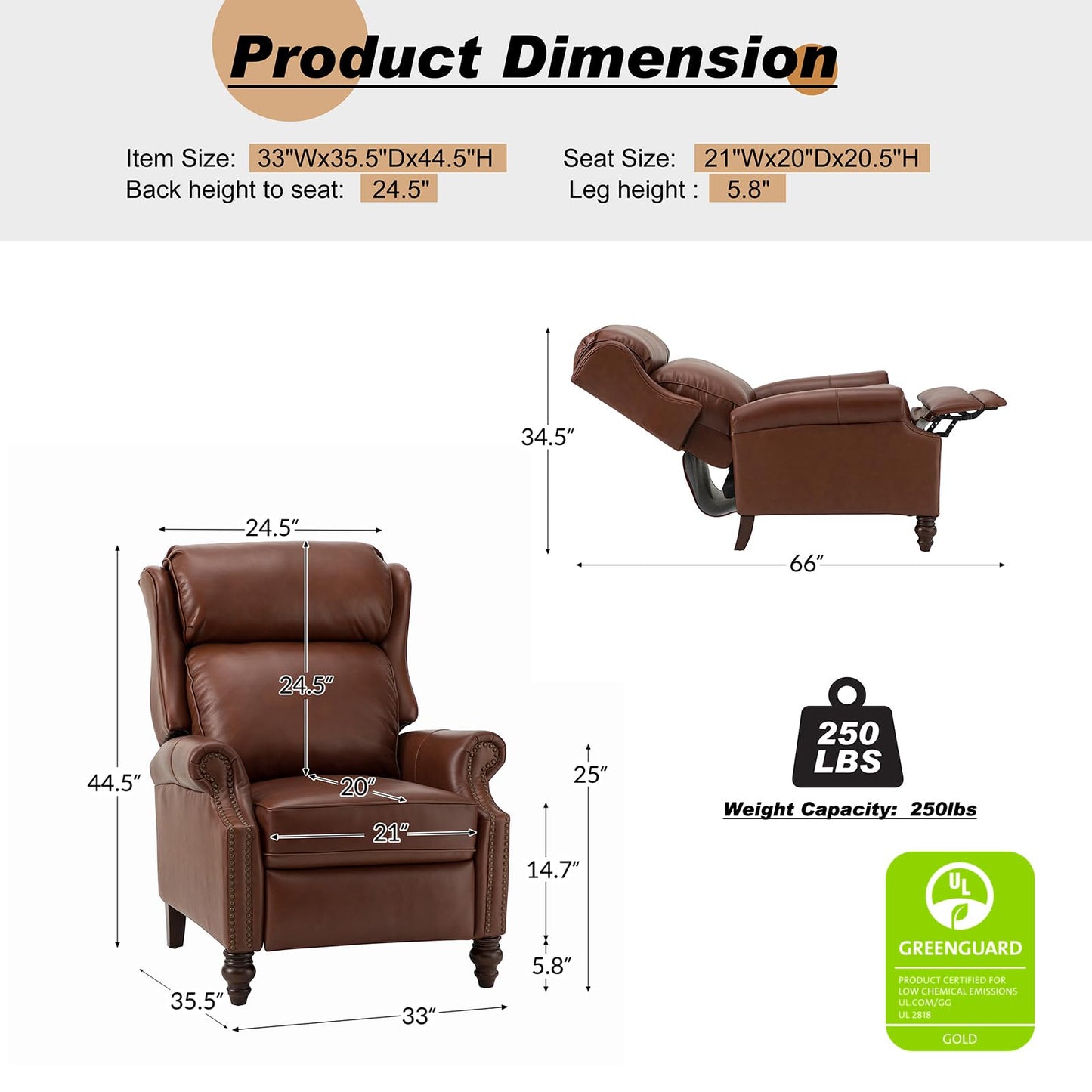 HULALA HOME Genuine Leather Recliner Chair, Traditional Manual Pushback Comfy Seating for Living Room, Thick Cushion & Solid Wood Legs, Wingback Recliner with Nailhead Trim, Brown