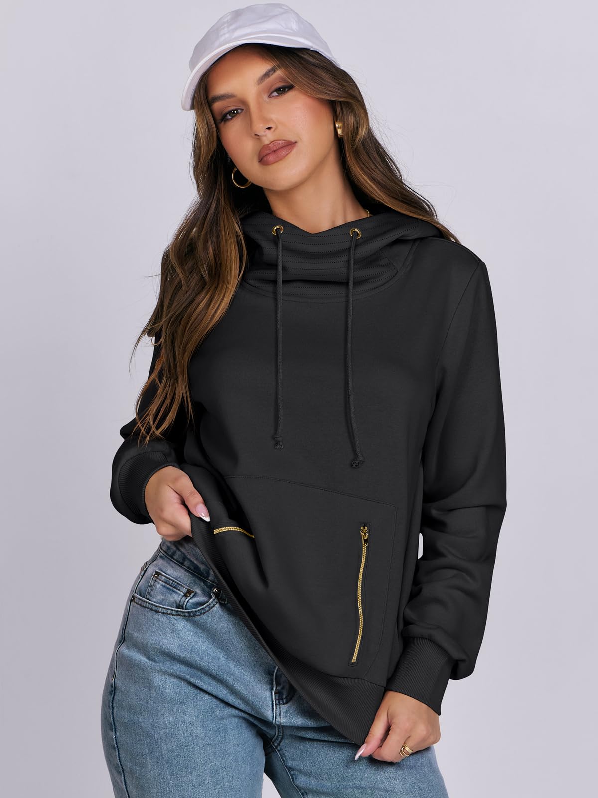 ANRABESS Womens Hoodie Cowl Neck Long Sleeve Sweatshirts 2024 Winter Fashion Pullover With Drawstring Teen Girls Clothes Black Small