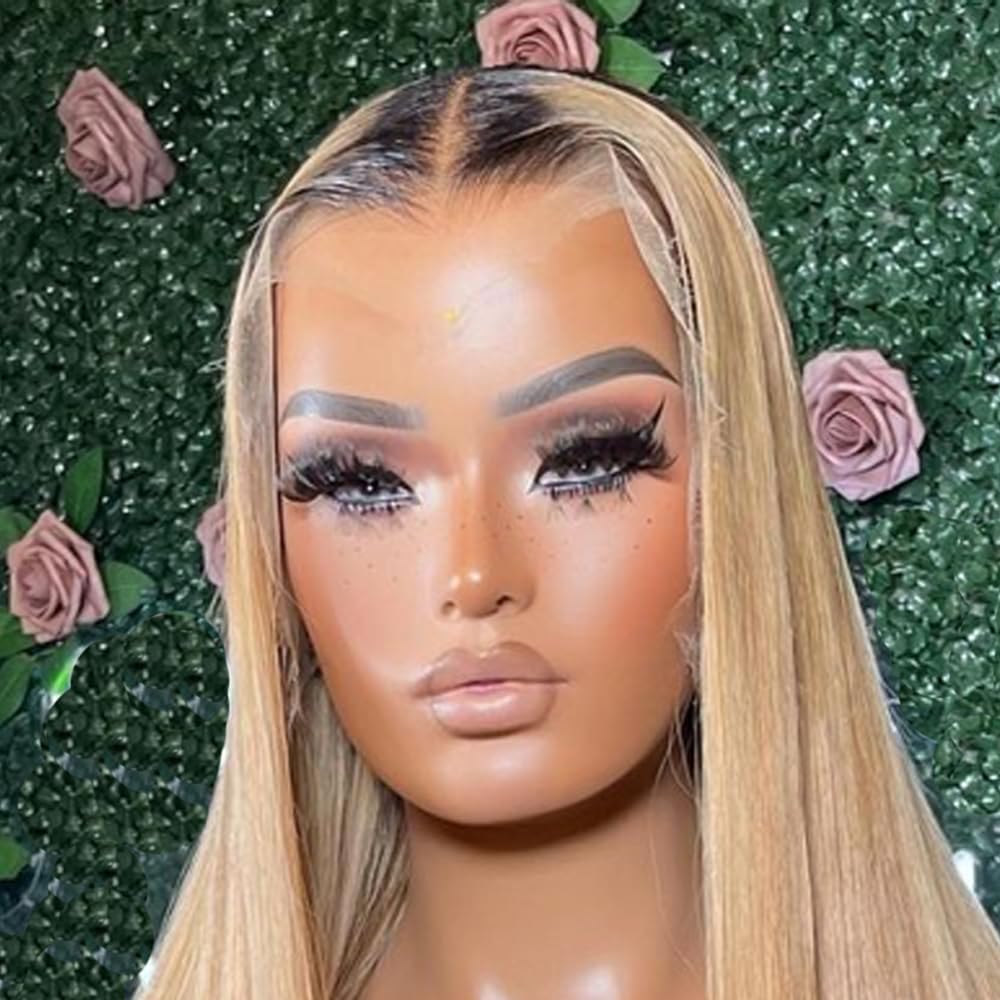 ANDRIA 13x4 HD Lace Front Wigs 200% Density Honey Blonde Straight Glueless Lace Frontal Wigs ombre Ash Blonde Wig for Black Women Synthetic Heat Resistant Hair Wig With Baby Hair Pre Plucked 28 Inch