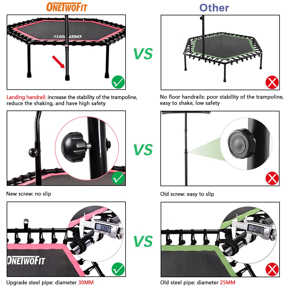 ONETWOFIT 48" Silent Mini Trampoline with Adjustable Handle Bar Fitness Trampoline Bungee Rebounder Jumping Cardio Trainer Workout for Adults Pink