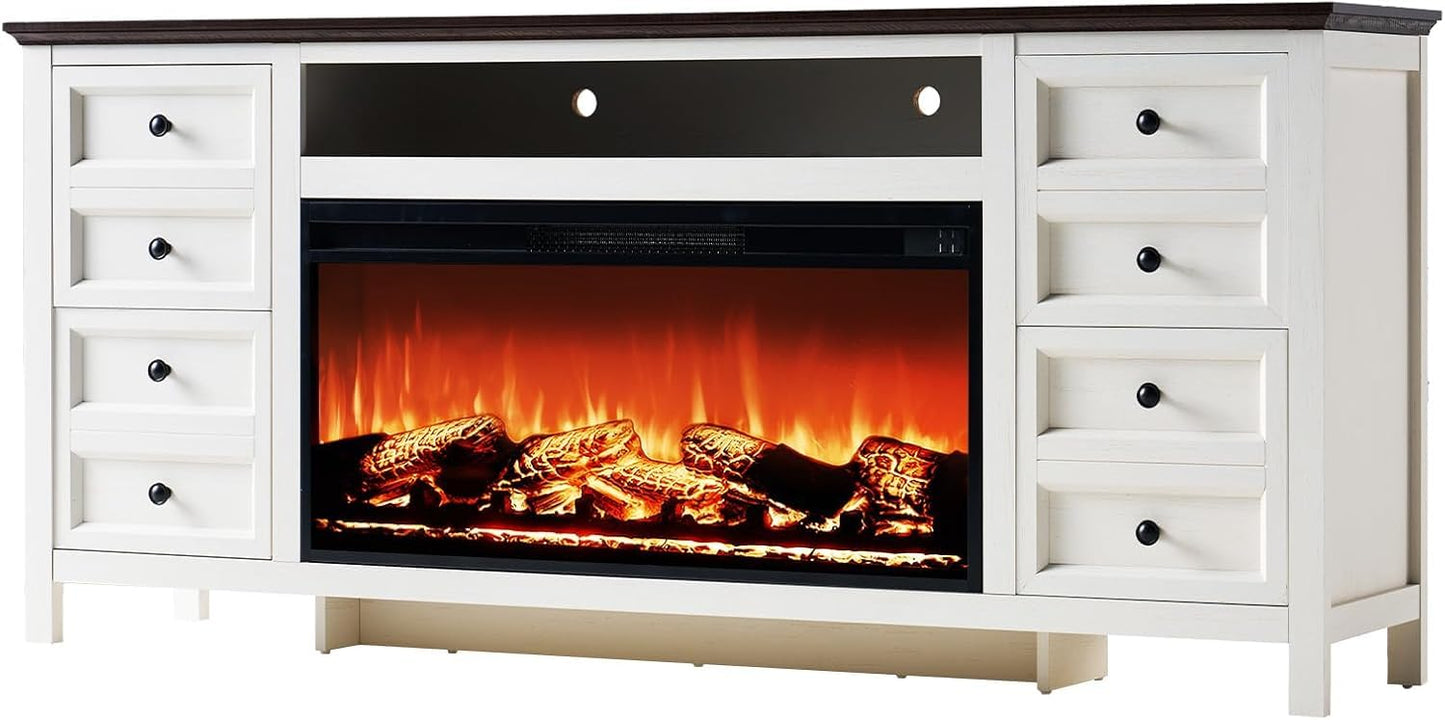 AMERLIFE 70" Farmhouse TV Stand with 37" Fireplace for 80" TVs - Dresser TV Stand w/Heater, 4 Storage Drawers, Rustic Media Entertainment Center for Living Room, Bedroom, White