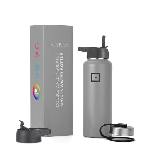 IRON °FLASK Camping & Hiking Hydration Flask, Wide Mouth, 3 Straw Lids, Stainless Steel Outdoor Water Bottle, Double Walled, Insulated Thermos, Metal Canteen - Graphite Slate, 40 Oz