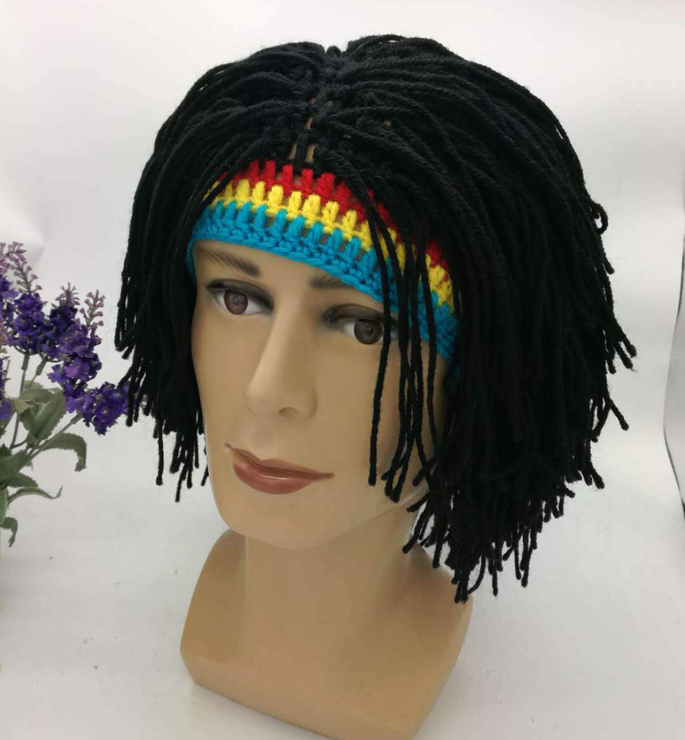 Kirmoo Knit Rasta Beanie Hats for Men Funny Winter Hats for Adults Jamaican Hat with Dreadlocks Fake Dreads Wig(Red Yellow Blue)