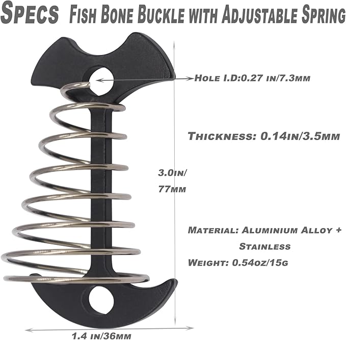8 pcs Aluminium Alloy 3 inch Fishbone Tent Stakes Deck Anchor Pegs with Spring Rope Buckle Hook Cord Adjuster Tensioner Kit for Camping on Wood Platform Black