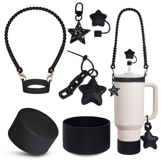 VirgoCCY 5PCS Stanley Cup Accessories Set 30&40 Oz, includes 1pcs 0.4in Straw Covers, 1 Water Bottle Handle Strap, 2 Cute Love Heart Chain Hanging Charms and 1 Silicone Boot, Black Star